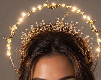 Celestial Moon & Pearl Light-Up Halo Crown - LED Light Up Goddess Crown with Moons - Light up wedding tiara - festival crown