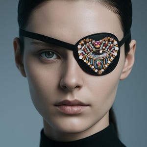 May include: A black eye patch with a heart-shaped design, adorned with colorful beads and gemstones. The eye patch is worn over one eye, with a black strap around the head. The person is wearing a black turtleneck.