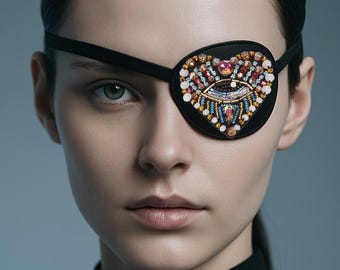 Heart Eye Patch with Crystals – Handmade Festival Eyepatch, Surreal Costume Accessory, Bejeweled Eye Cover for Raves & Cosplay