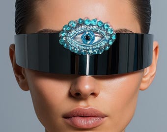 Beaded Mirror Visor Sunglasses – Turquoise Evil Eye Design - Costume party glasses - Futuristic