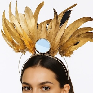 Gold Feather Mirror Crown – Handmade Festival Headpiece, Surreal Costume Halo, Rave and Stagewear Accessory / Burning man outfit / festivals