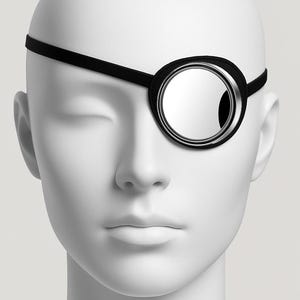May include: A black eye patch with a circular, mirrored lens and a black strap. The eye patch is worn on a white mannequin head. The mirrored lens is surrounded by a silver-colored metal rim.