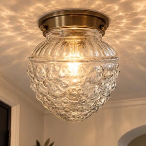 May include: A flush mount ceiling light fixture featuring a round, clear glass shade with a textured, bubble-like surface pattern. The fixture is secured with a metallic, brass-toned circular base that attaches directly to the ceiling surface.