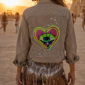 Burning Man Light Up Evil Eye Jacket Silver Linen Festival Coat Rave Wear Sequin Heart LED Medium Boho Statement Fashion - 100 percent linen