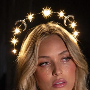 Light-Up Star and Moon Goddess Crown: Rhinestone Celestial Halo - Festival Rave