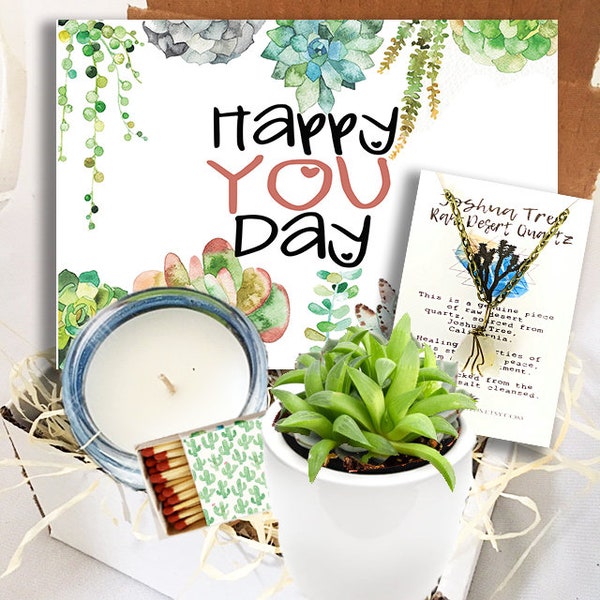 Happy You day Card, Succulent, Necklace and Candle Gift Set / Free Priority Shipping/ Bday Gift / birthday present