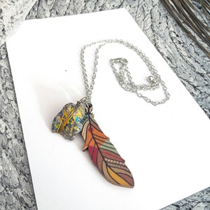 Wooden Feather and Peacock Ore Crystal Necklace on adjustable stainless chain - Genuine Peacock Ore Crystal Jewelry