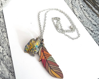 Wooden Feather and Peacock Ore Crystal Necklace on adjustable stainless chain - Genuine Peacock Ore Crystal Jewelry