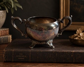 Vintage Silver Plate Sugar Bowl Ornate Footed Two Handle Sugar Basin Dark Academia Old World Table Decor dark academia 1930s-1940s
