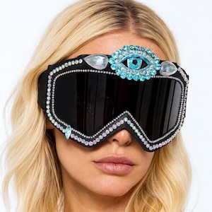 One of a Kind Evil Eye Festival Goggles – Black Mirrored Lenses with Aqua Crystals & Iridescent Rhinestones – Burning Man Rave Goggles