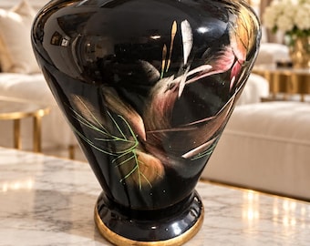 1960s Vintage LOFISA Black Floral Ceramic Vase, Gold Toned Trim, Guadalajara Mexico Pottery
