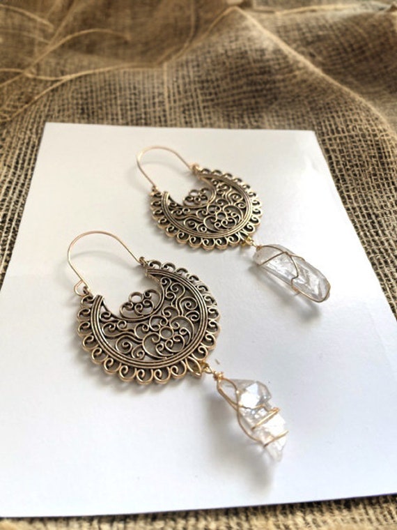 Golden Scroll Earrings With Genuine Clear Crystal Points Metaphysical Healing Stone Earrings Natural Gemtone Handmade Dangle Earrings Etsy Canada