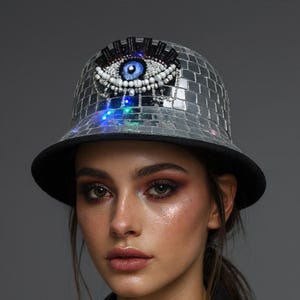 Disco Ball Bucket Hat with Evil Eye Patch and LED Fairy Lights – Festival Rave Hat, Reflective Mirror Hat, Hip Hop 90s Outfit, Unisex rave
