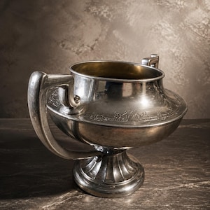 May include: A silver-toned metal trophy cup featuring two large, curved handles on opposite sides. The bowl has a wide, flared rim and a decorative engraved band around the center. It stands on a circular, fluted pedestal base with a polished finish.