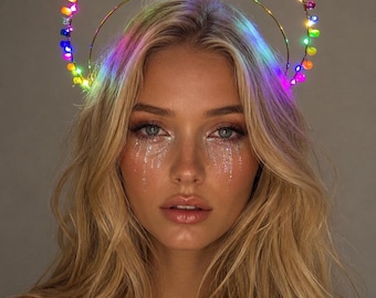 Kandi Raver Festival Light Up Crown Rainbow LED Halo Headband Rave Headpiece Burning Man Costume Neon Fairy Crown EDM Festival Wear