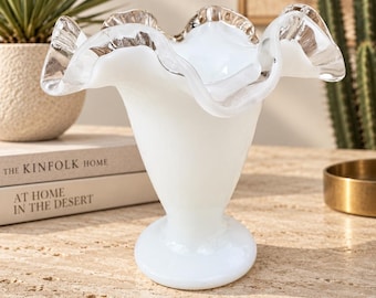 Vintage Fenton Silver Crest Milk Glass Vase Clear Ruffled Edge Pedestal Vase Mid Century White Art Glass Cottagecore Wedding Decor Hollywood