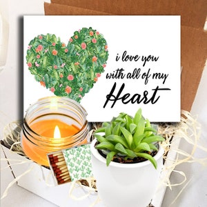 I love you with all of my heart - Cactus Card with Succulent and candle Gift Box - Succulent Gift- Thinking of you - miss you care package