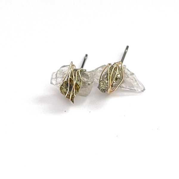 Raw Quartz Crystal & pyrite Stud Earrings Wire Wrapped - Real Crystals - Bohemian Crystal Hippie Stud Earrings - Joshua Tree Sourced