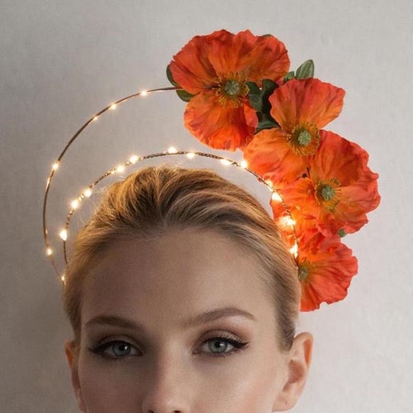 Light Up Floral Halo Crown California Poppy Flower headpiece With LED Lights Festival Wedding Goddess theme Rave Wear fascinator Cosplay