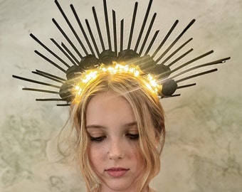 Light-Up Black Sunburst Goddess Crown Festival Head Piece - Burning Man Accessory - Electric Forest, EDC, Rave, Birthday Dark angel cosplay