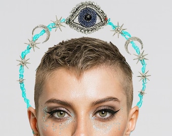 Hand Beaded Crying Evil Eye Light-Up Crown Star and Moon Halo Sparkle Headband with Light for Festivals, Raves