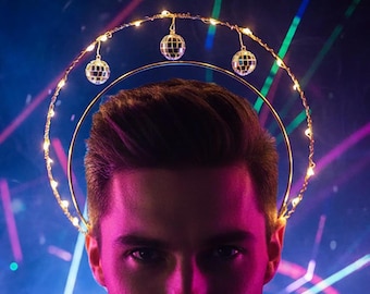 Unisex Disco Ball Space Halo Light-Up Crown – Festival Headpiece with Hanging Mirror Balls and  Lights -  Rave Headband - LED HALO Goddess