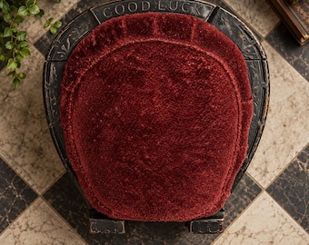 Antique Victorian Good Luck Horseshoe Footstool c. 1880s | Burgundy Velvet Carved Wood Stool | 19th Century Lucky 140+ year old gout stool