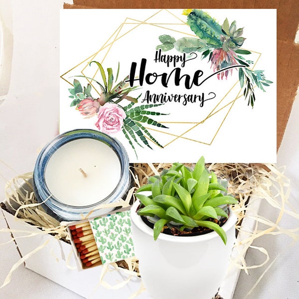 Happy Home Anniversary Succulent Gift Box -Housewarming - Succulent and Handmade scented Candle present -Housewarming  - FREE SHIPPING