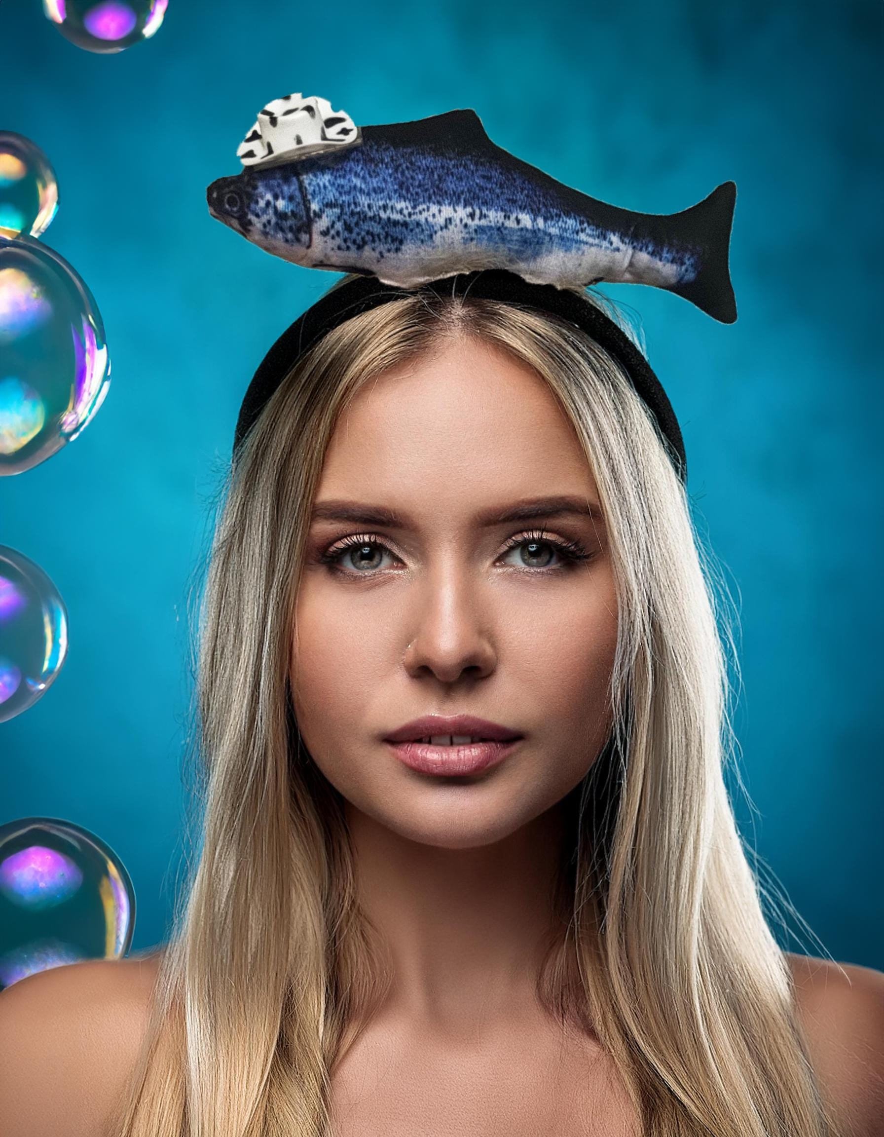 Surrealist Fish Plush Headband with Optional Cowboy Hat - Surrealism Funny Hat - Cowboy Trout  Carp Goldfish or Sardine Headband Burning Man