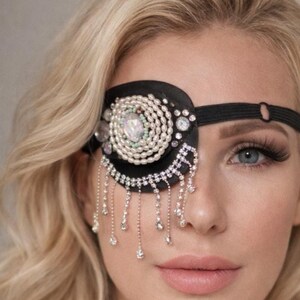 Beaded Bling Crying Eye Patch with Crystals – Handmade Festival Eyepatch, Surreal Costume Accessory, Bejeweled Eye Cover for Raves & Cosplay