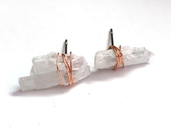 Selenite Crystal Stud Earring Rose Gold Wire  Stainless Steel Earrings Bohemian Crystal Hippie Stud Earrings - Joshua Tree Sourced