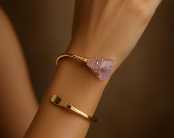 Genuine Raw-Cut Amethyst Gemstone Golden Twist Bracelet - February Gemstone bracelet - Stone of Intuition, Calmness and Sleep Improvement