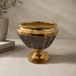 1950s Weeping Gold 22kt Pedestal Planter, Mid-Century Modern Drip Gold Urn Bowl,Hollywood Regency Footed Ceramic Cachepot,  MCM Deco Vintage