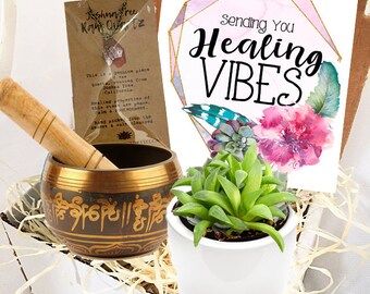 Healing Vibes - Succulent in Ceramic Pot with Singing Bowl and Handmade Quartz Necklace Gift Box - Get Well / Good Vibes / Thinking of you