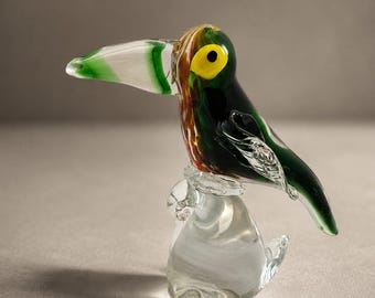 Vintage Hand Blown Art Glass Toucan on Clear Wave Sculpture, Colorful Tropical Bird Figurine, Collectible Glass Decor Murano style ART GLASS