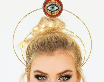 Handmade Light-Up Evil Eye Halo Crown – Double Layer Festival Headpiece with Blinking Lights & Glass Beadwork – Costume  Performance Wear