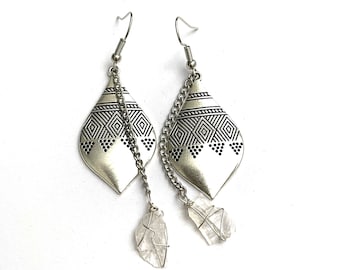 Southwestern Teardrop Earrings | Silvertone | Genuine Joshua Tree Quartz Crystals | Boho Jewelry | Handcrafted Southwest  Desert Inspired