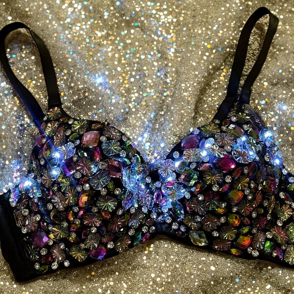 Sparkling Light Gemstones Rave Bra - Glow in the dark gemstone bra - Burning Man Outfit - Festival Accessories - Raves Cosplay costume EDM