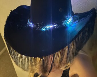 Space cowboy light-up hat with fringe / Galactic party hat / Neon Cowboy Illuminated hat / Cosmic cowboy hat for burning man, raves festival