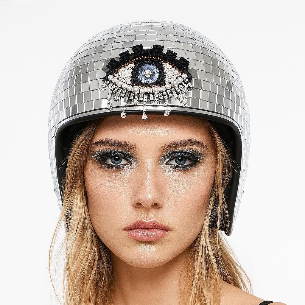 Handmade Disco Ball Helmet with Evil Eye - Festival Visor Helmet Festivals, DJs, and Ravers Reflective Glass Mosaic Party Accessory