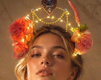 Evil Eye Surrealism Light Up Floral Crown, LED Festival Headpiece, Beaded Eye, Burning Man  , Fairy Goddess Headband, Wedding Headpiece