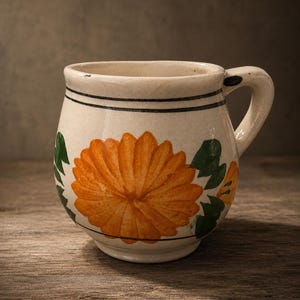 May include: A cream-colored ceramic mug featuring a hand-painted orange flower design with green leaves. The mug has a rounded body, a single handle, and two thin black horizontal lines encircling the upper and lower sections of the exterior.