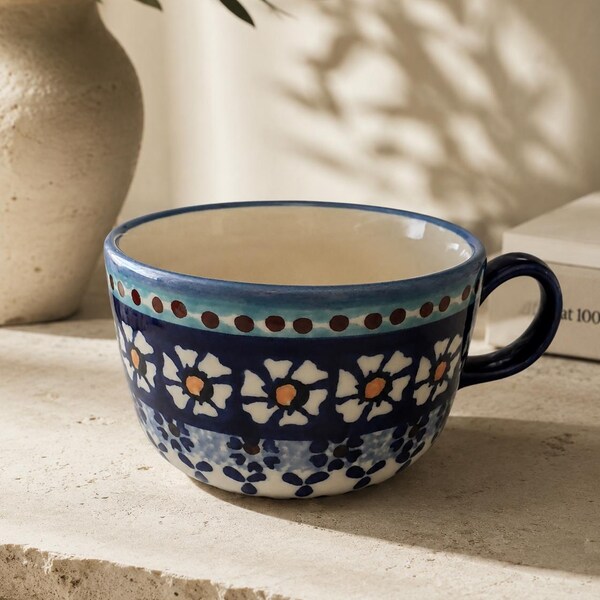 Vintage Wiza Polish Pottery Cup – Hand-Painted Bolesławiec Floral Stoneware Mug – Cobalt Blue Folk Art Ceramic - Late 20th-century 1980s