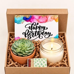 May include: A brown cardboard gift box containing a green succulent in a terracotta pot, a lit white candle in a glass jar, a small box of matches with a green cactus pattern, and a card with colorful ink splashes and the text Happy Birthday.