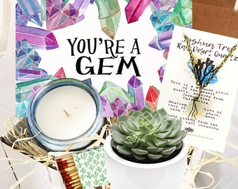 You're a Gem - Live Succulent in Ceramic Pot with Necklace and Candle Gift set - Thank you - Congrats - Thinking of You gift