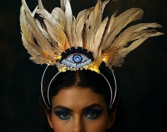 Gold Feather LED Crown with Evil Eye – Light Up Festival Headpiece, Angel Costume Halo, Burlesque or Rave Accessory - Festival Rave Headband