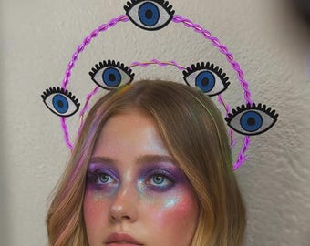 Surrealism Multi Eye Light Up Crown -NEON LIGHT Rave Glowing Headpiece - Monster - Surreal Fascinator - alien crown totem- Sacred Evil Eye