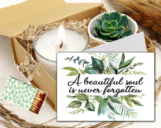 A beautiful soul is never forgotten succulent and candle sympathy gift box set with card -   memorial gift - remembrance - condolences box