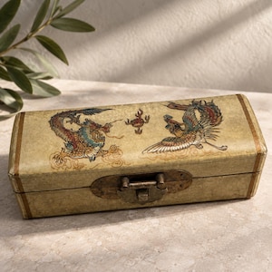 Vintage Chinese Dragon Phoenix Box Hand Painted Leatherette Wood Trinket Jewelry Box Mid Century Asian Decor 6.5 x 2