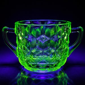 May include: A glowing green glass sugar bowl with two handles. The bowl has a geometric diamond pattern and reflects a vibrant green and purple hue. The glass appears to be vintage or antique.